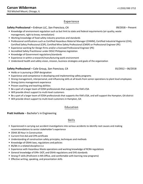 Safety Professional Resume Samples Velvet Jobs