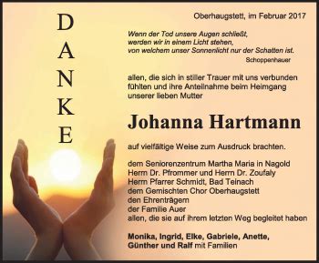 Traueranzeigen von Johanna Hartmann Schwarzwälder Bote Trauer