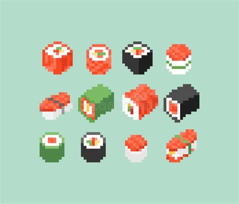 Sushi Rola Pixel Art Set 8 Bits Comida Japonesa Tradicional Ilustração De Vetor Pixelizado