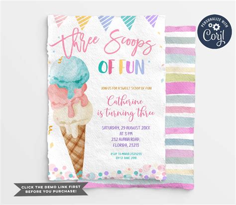 Editable Three Scoops Of Fun 3rd Birthday Party Invitation Etsy