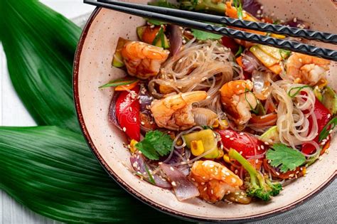 Rice Noodles With Shrimp And Vegetables Asian Cuisine Stock Photo