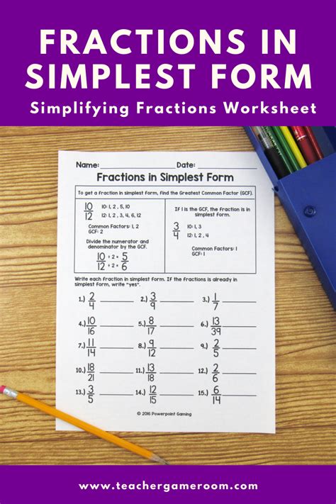 Fractions In Simplest Form Gcf Worksheet Simplifying Fractions