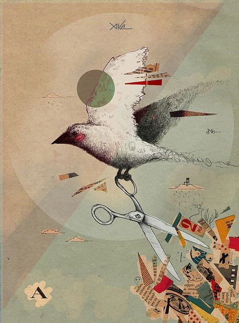 a bird with scissors in it's beak flying through the air and surrounded ...