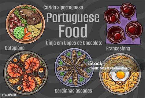 Portuguese Food A Set Of Classic Dishes Cartoon Hand Drawn Illustration