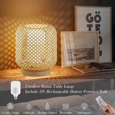 Ralbay Battery Operated Table Lamp Rattan Natural Bamboo LED Indoor