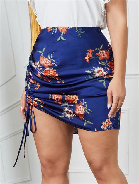 Shein Plus Floral Print Drawstring Side Skirt Shein Usa