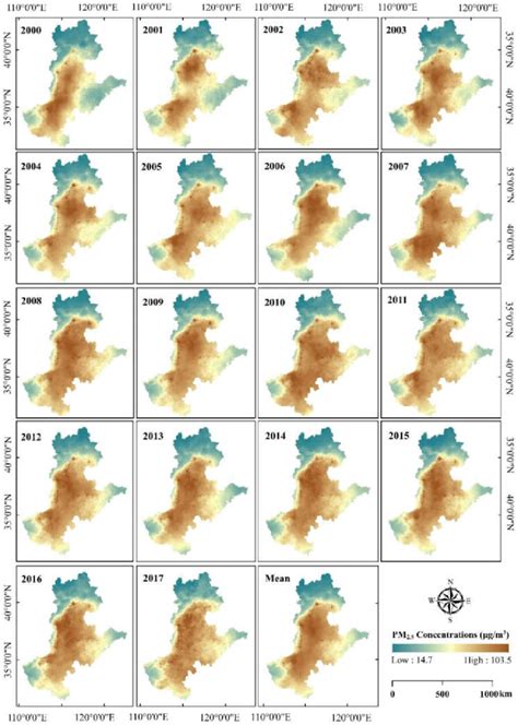 Spatiotemporal evolution of the annual mean PM2.5 concentrations from ...