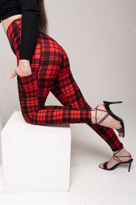 Red Plaid Leggings With Pockets For Women 5 High Waist Etsy