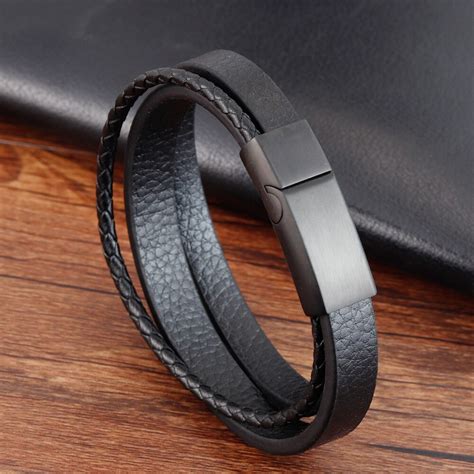 Pulseira Masculina Camadas Bracelete De Couro Tran Ado O