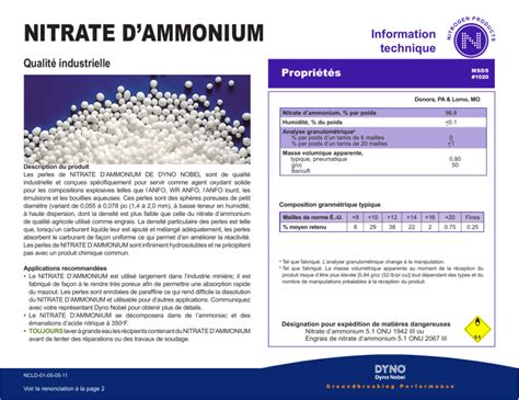 Nitrate d'ammonium Dyno Nobel : Fiche technique qualité industrielle