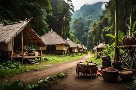 Premium Photo A Village In The Jungle With A Canopy Of Straws And A