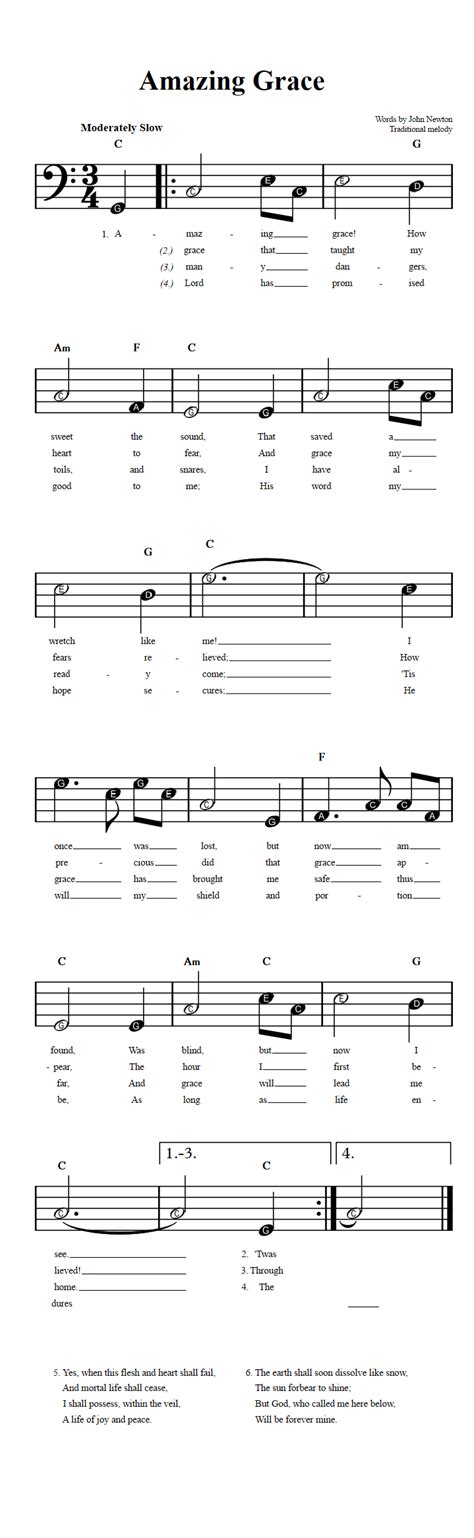 Amazing Grace Beginner Bass Clef Sheet Music With Chords And Lyrics