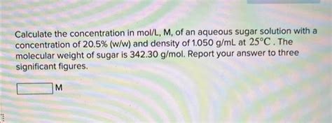 Solved Calculate The Concentration In Mol L M Of An Aqueous Chegg