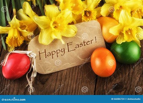 Easter Card Happy Easter With Yellow Flowers Sunlight Effect Stock