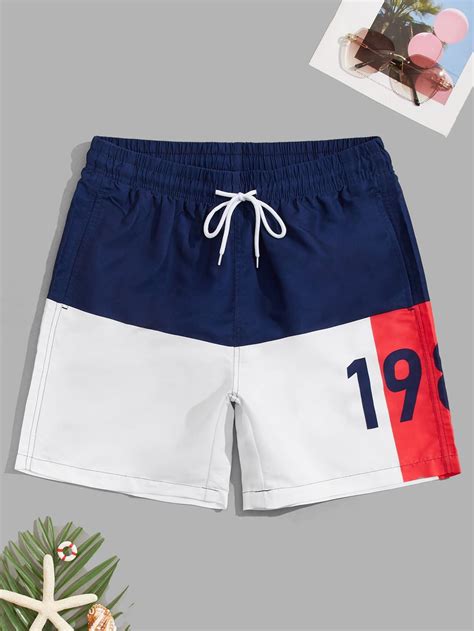 Men Number Print Colorblock Drawstring Waist Swim Trunks Swim Trunks