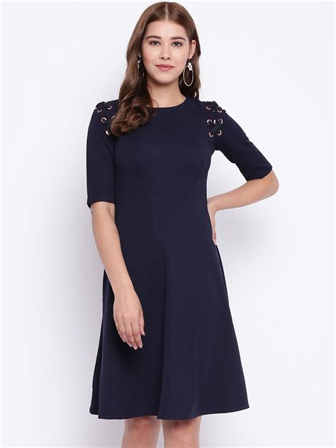 Buy Madame Women Navy Blue Solid Fit And Flare Dress Dresses For