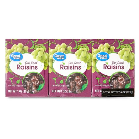 Great Value Sun Dried Raisins 6 Pack 6 1oz 28g Cartons