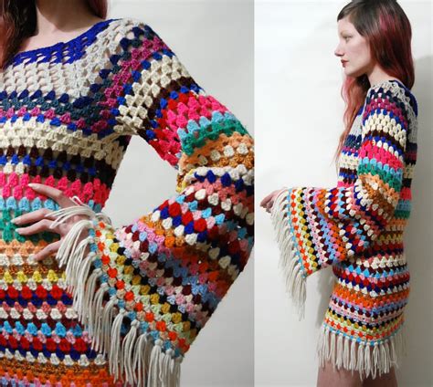 Crochet Dress Colourful Stripe Fringe Granny Square Flare Bell Etsy