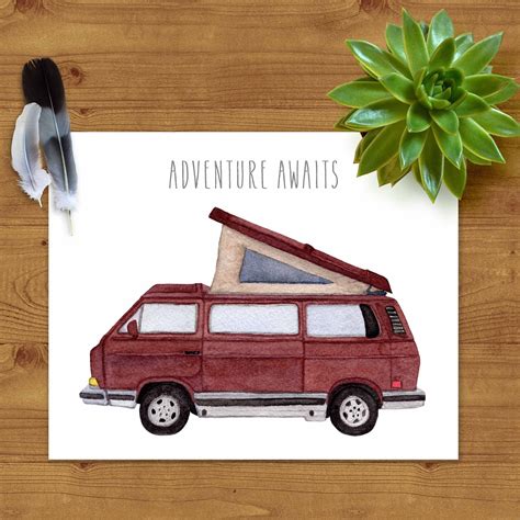 Vw Vanagon Westfalia Watercolor Art Print Adventure Awaits Etsy In