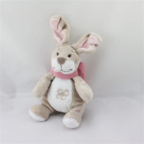 Doudou Lapin Beige Blanc Noeud Rose Oscarine NOUKIE S