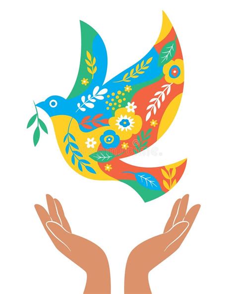 Peace Pigeon With Flowers Symbol Of Peace Illustration Hands