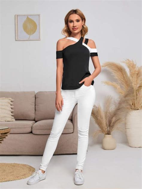 Shein Priv Colorblock Cut Out Asymmetrical Neck Tee Shein Usa