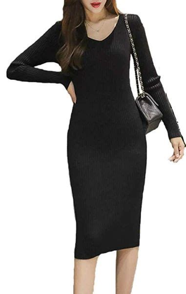 Womens Stretchy Ribbed Knit Long Sleeves Sweater Dress Long Sleeve