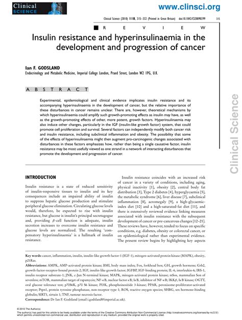 Pdf Insulin Resistance And Hyperinsulinemia In The Development And Progression Of Cancer