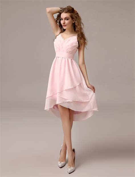 Asymmetrical Blush Pink A Line Ruched Chiffon Bridesmaid Dress With Straps Neck