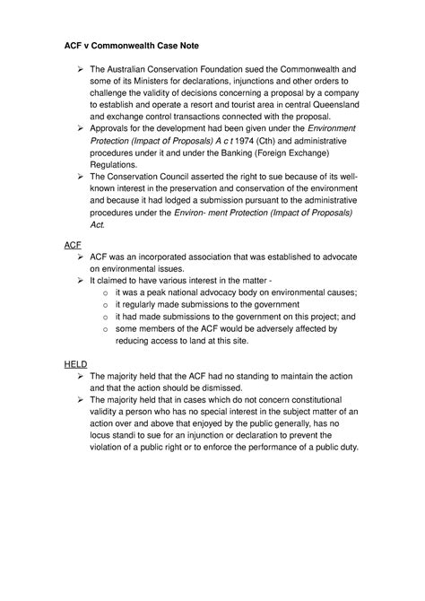 Case Notes Australian Conservation Foundation V Commonwealth ACF V