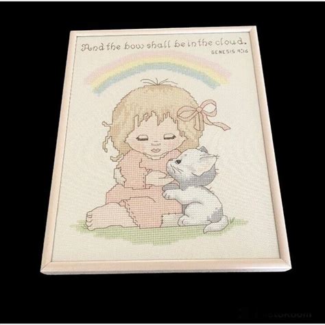 Vintage Pink Framed Counted Cross Stitch Girl Kitten Depop