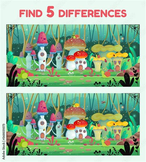 Find 5 Differences Game For Children Vector Illustration Mushroom