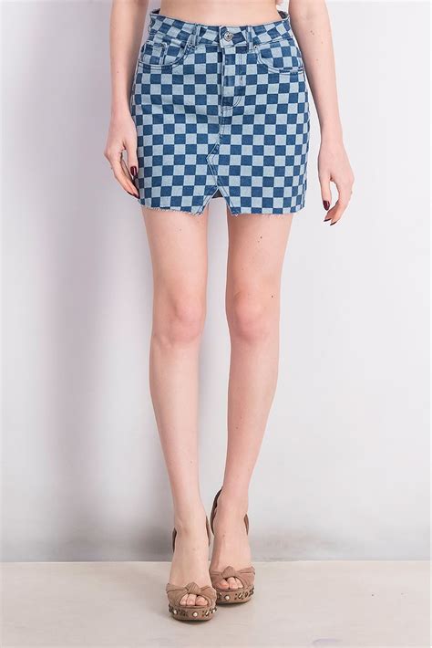 Jennyfer Women Checkered Mini Skirt Denim Blue Brands For Less