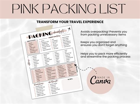 Pink Printable Packing List Pdf Pink Travel Packing List Template Editable Travel Checklist Trip