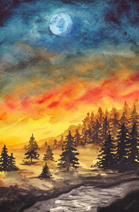 Premium Photo Sunset Landscape Watercolor Painting Background