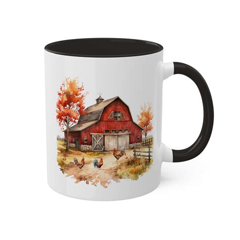 Vintage Fall Barn Coffee Mug Cup With Old Barn Rooster Chickens Hot