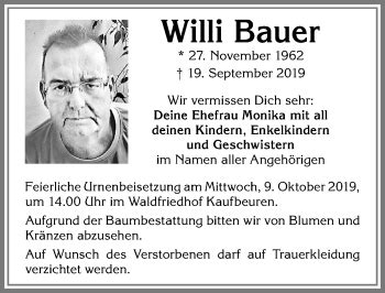 Traueranzeigen Von Willi Bauer Augsburger Allgemeine Zeitung