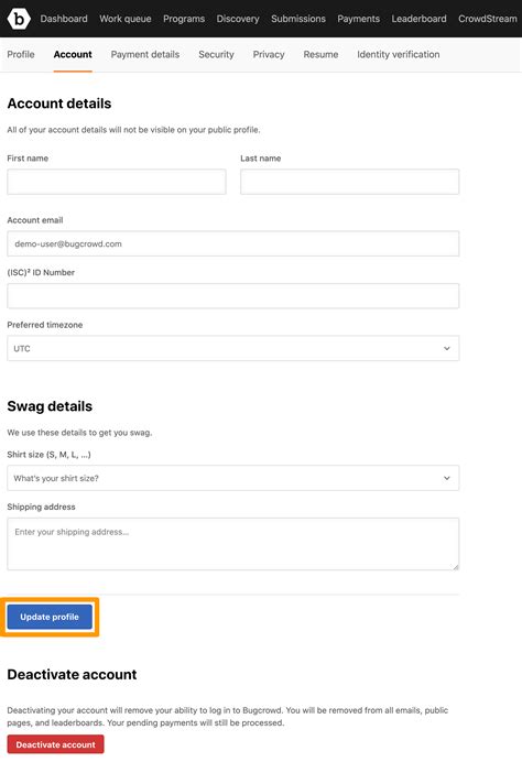 Updating Your Account Information | Bugcrowd Docs