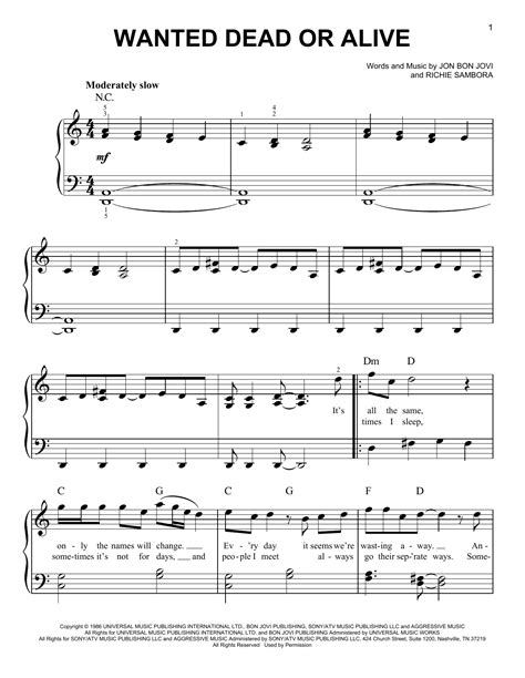 Wanted Dead Or Alive By Bon Jovi Sheet Music For Very Easy Piano At