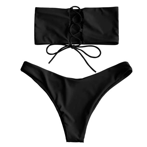 Belleziva 2019 Lace Up Bandeau Bikini Set Swimsuit Brazilian Biquini