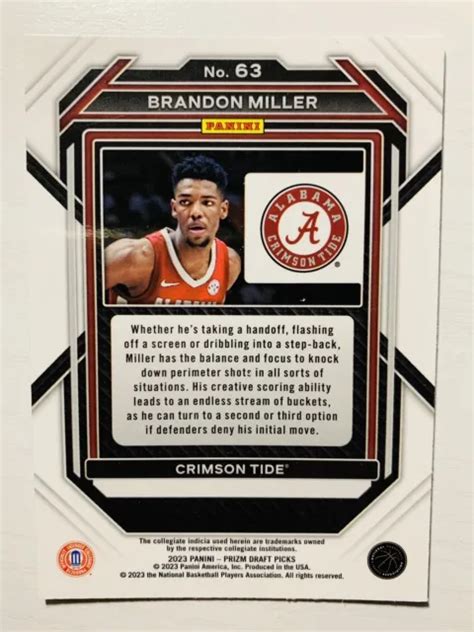 2023 24 PANINI PRIZM Draft Picks Brandon Miller Recrue RC 63 Hornets