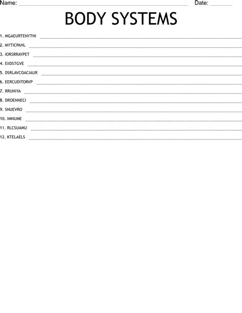 Body Systems Word Scramble Wordmint