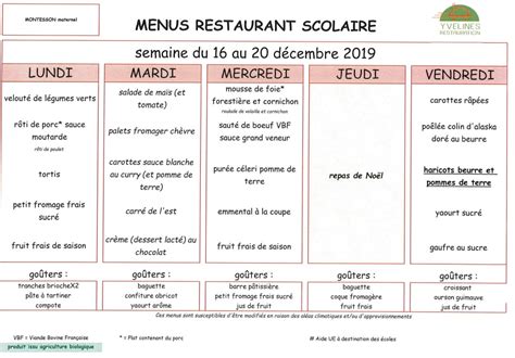 Parents d élèves école Ferdinand Buisson Menu cantine 16 20 12 2019