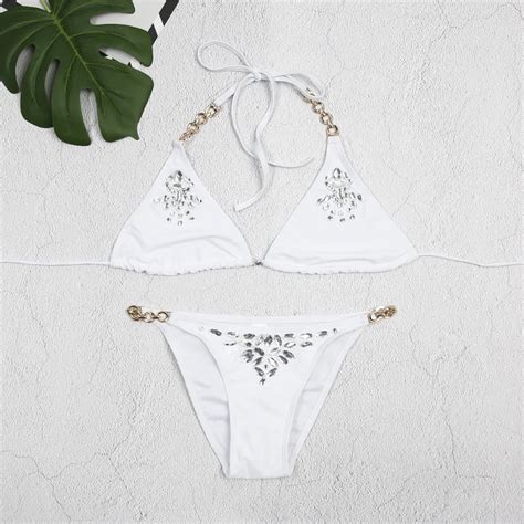 Sexy Women Diamond Crystal Bikini Set Push Up Padded Bandage Swimwear