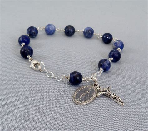 Gemstone Rosary Bracelet For Women Sterling Silver Hand Wrapped Prayer Bead Jewelry Blue