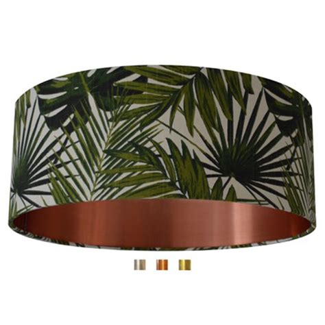 Tropical Palm Banana Leaves Lampshade In Green Slub Cotton Brushed Copper Goldbrass Or