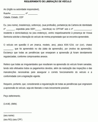 Refer Ncia Para Um Requerimento Administrativo De Libera O De Ve Culo