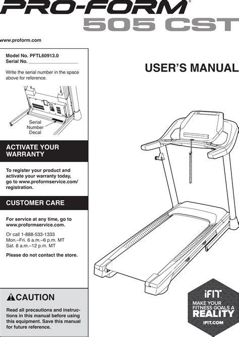 Proform Pftl609130 505 Cst Treadmill Users Manual Pftl60913 0 353955