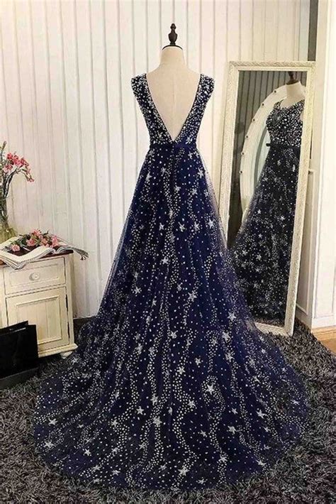 Luxury Blue Tulle Star Sequins Beaded Floor Length Long Evening Dresses