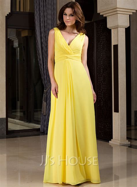 A Line V Neck Wrapped Bodice Floor Length Chiffon Bridesmaid Dress Jj